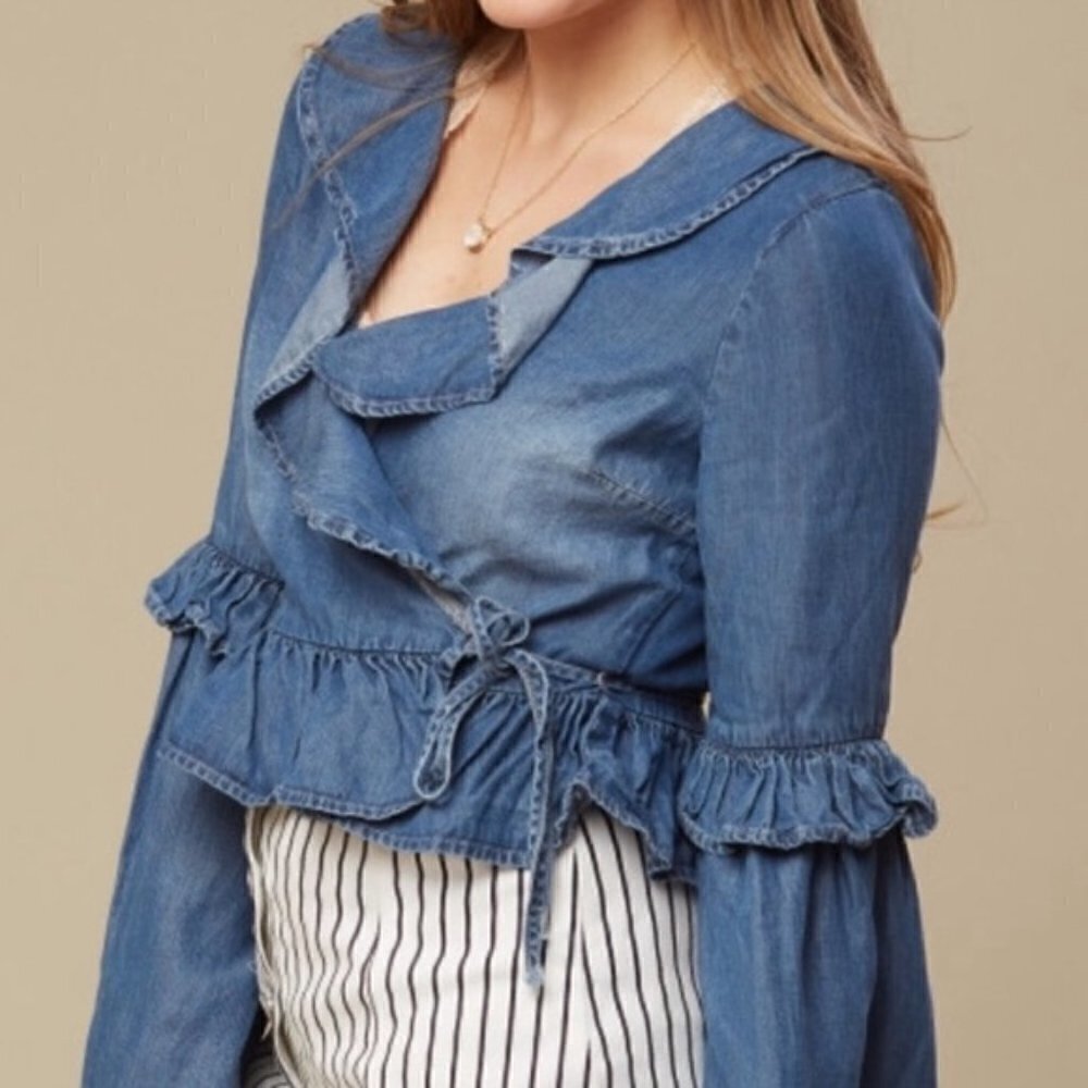 Altar'd State Neenah Preppy Boho Chambray Ruffle Wrap Bell Long Sleeve S‎